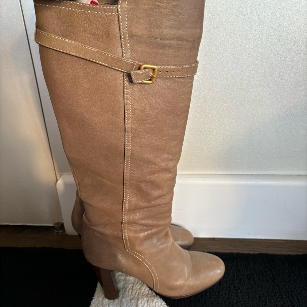 Tan Leather Knee-High Boots with Gold Buckle